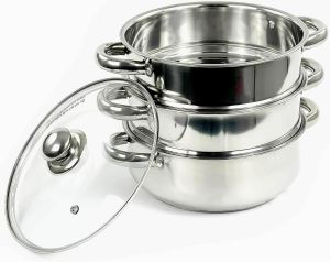 Stainless Steel 3 Tier Steamer 24cm Vented Glass Lid Integral Pot Food Steamer